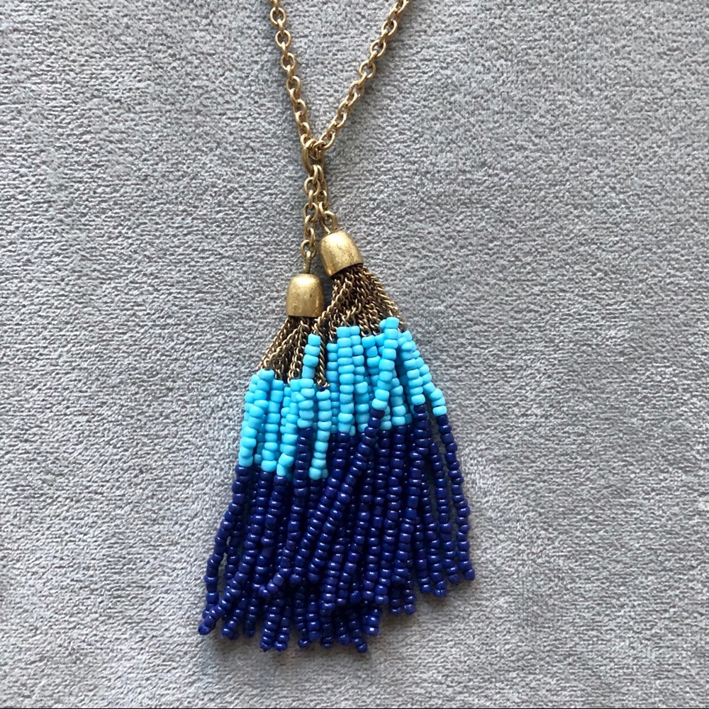 J Crew Long Blue and Gold Tassel Necklace